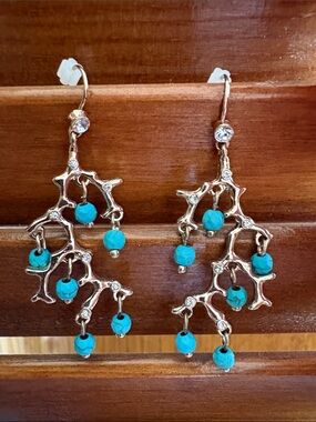 Brand new! Turquoise Bead Dangle Earrings - Gold-Tone Branch Design